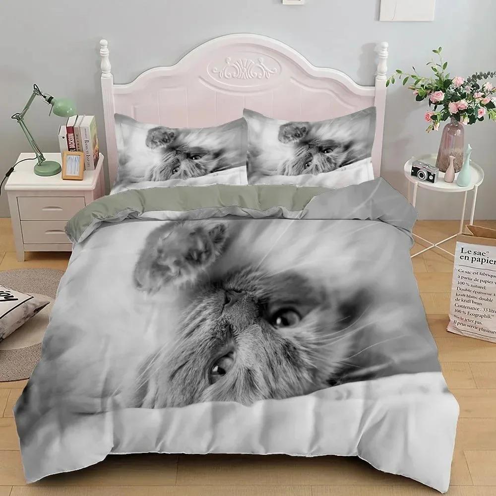 3D Bedding Sets Red Duvet Quilt Cover Set Comforter Bed Linen Pillowcase King Queen 210x210cm Size Pet Cat Design for Boys Girls