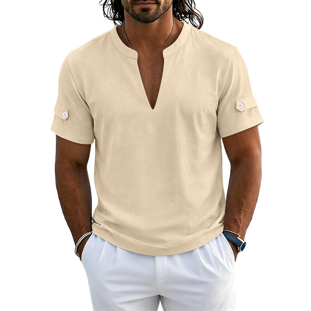 Chemise Polo Henley Casual à Manches Courtes et Col en V pour Homme Tissu Léger Respirant Haut d'Été
