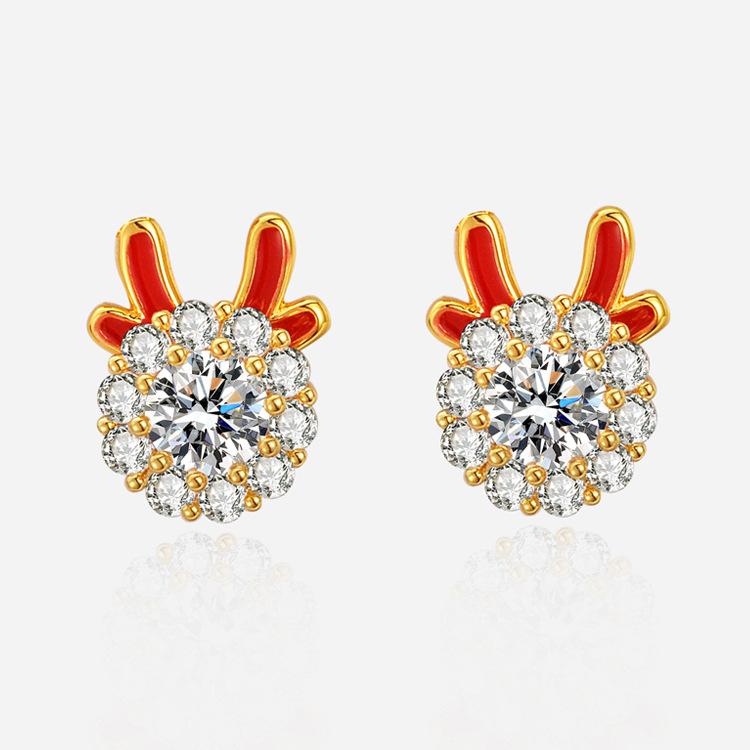 Full Diamond Cute Dragon Stud Earrings Female Rotatable Disc Niche Design Sense Sparkling Dragon Year Stud Earrings