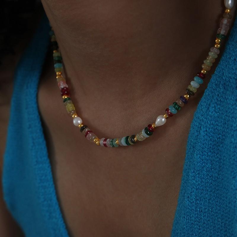 Freshwater Pearl Combining Natural Stone Beads Necklace Bracelet For Women Bohemia Colourful Women's Stainless Steel Jewelry Set