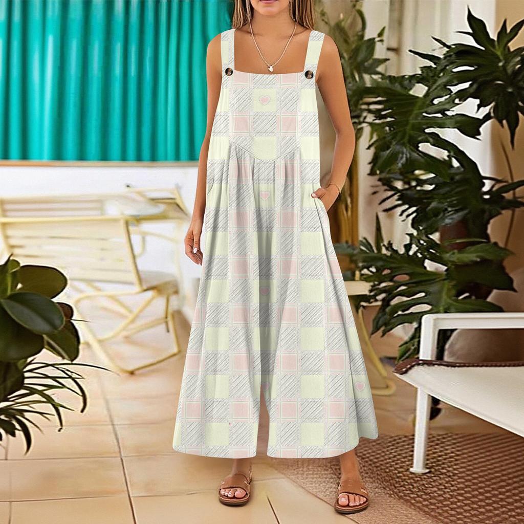 Dámské ležérní volné retro overaly z bavlny a lnu s kapsami, potisk na Valentýna