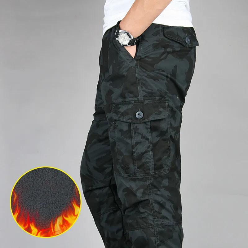 Men's Winter Cargo Pants Double Layer Fleece Warm Thick Cotton Long Trousers Men Baggy Casual Cotton Pants