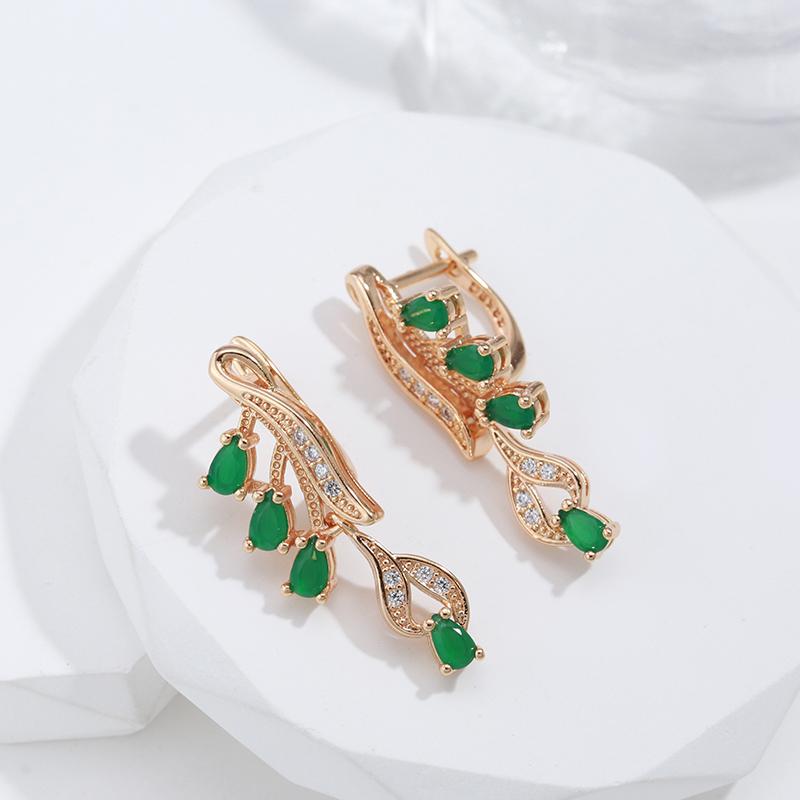 Rose Gold With Green Natural Zircon Long Dangle Earrings For Women Retro Ethnic Wedding Party Fine Jewelry
