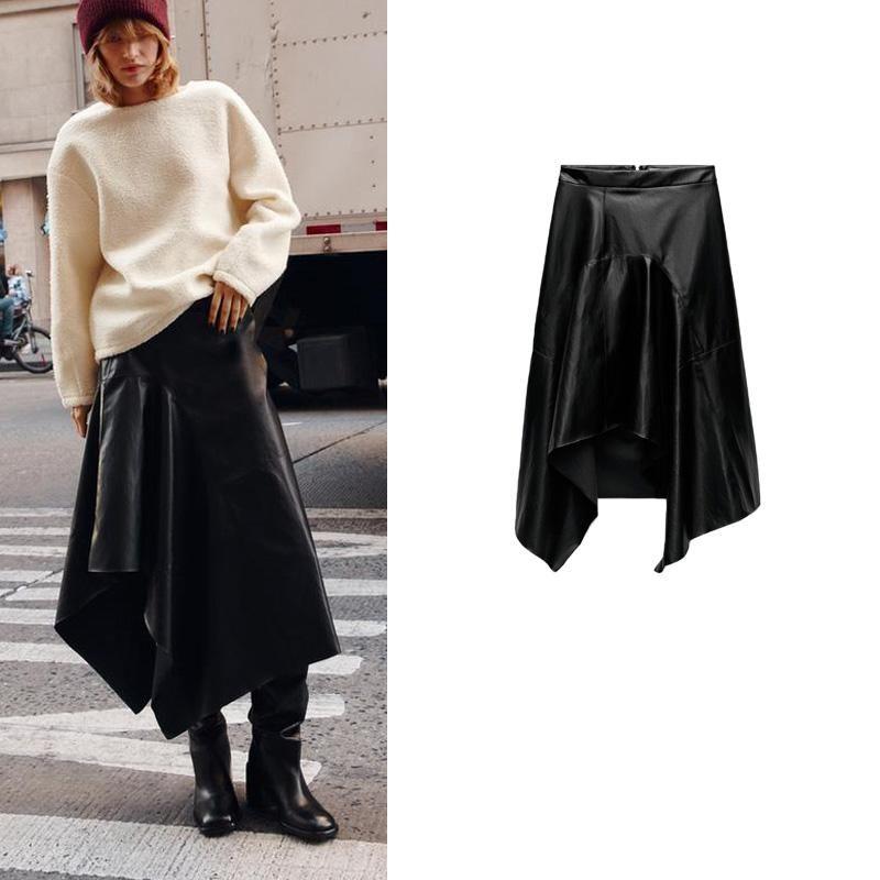 Autumn and Winter New Women clothes Western Style Pu Imitation Leather Asymmetric Mid-Length Midi Skirt 3581242