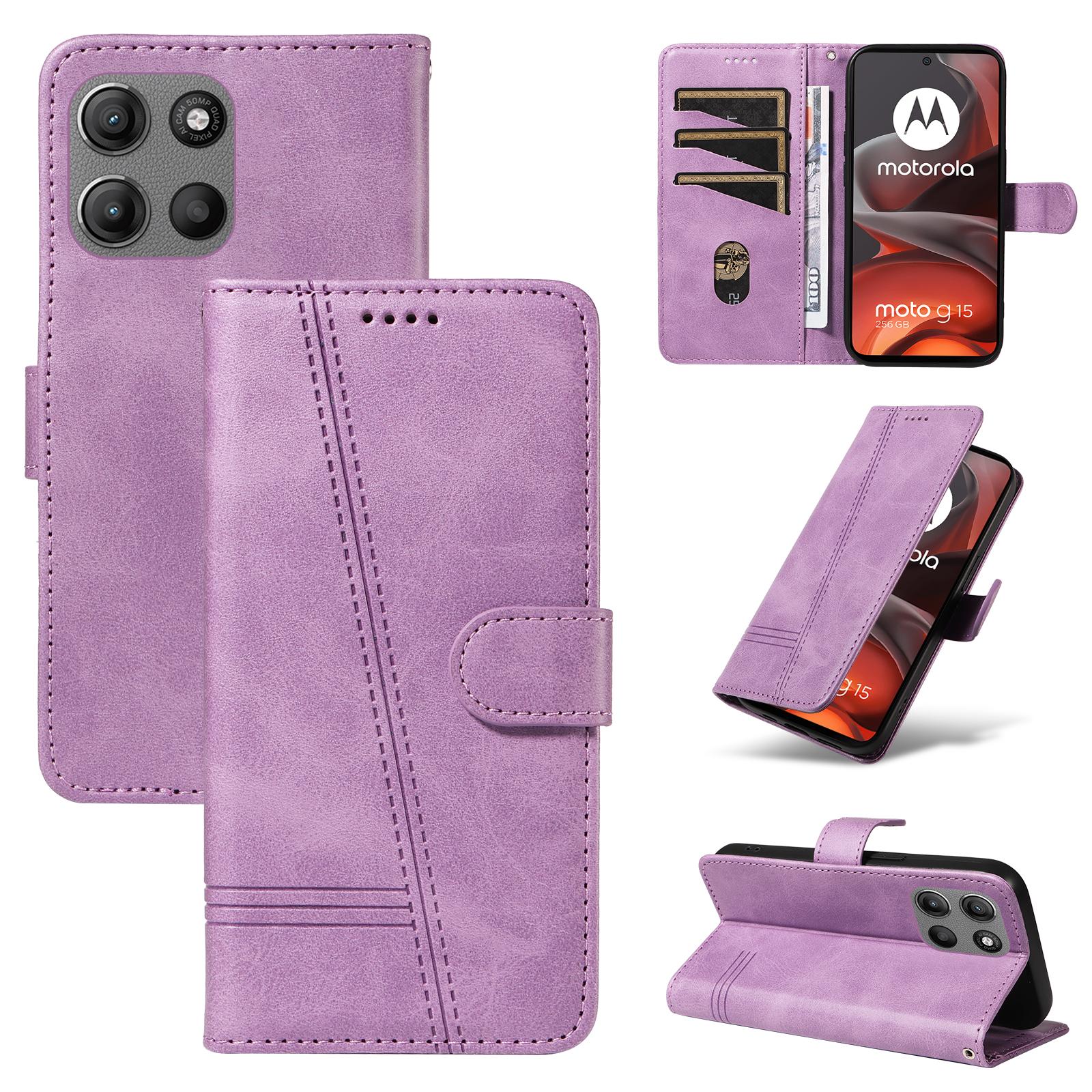

Для Motorola Moto G15 4G Кошелек Чехол Т-образные линии Кожаный чехол для телефона Подставка Light Purple