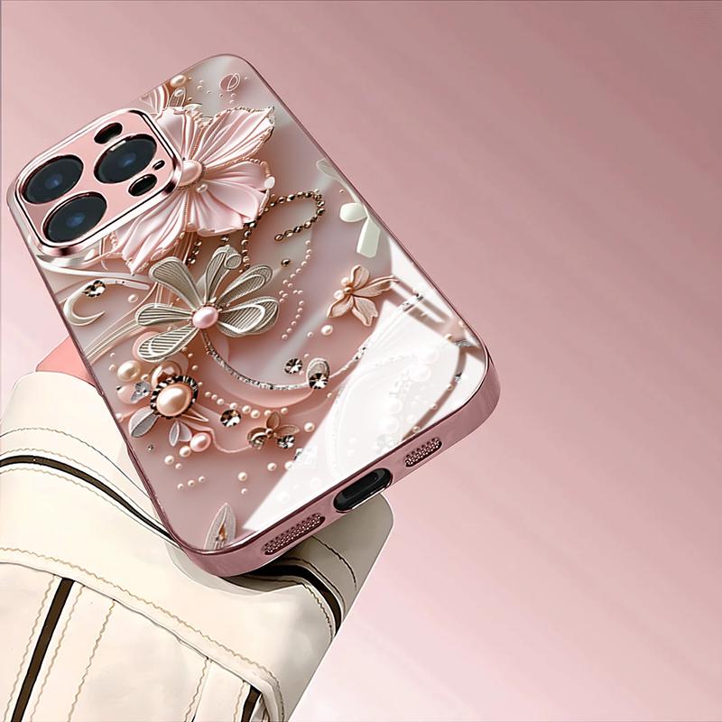 Pink Diamond Flower Tempered Glass Phone Case for iPhone 18 17 Pro Max 16 15 14 Plus 13 12 11 Pro Max 16E 17Air Protection Cover