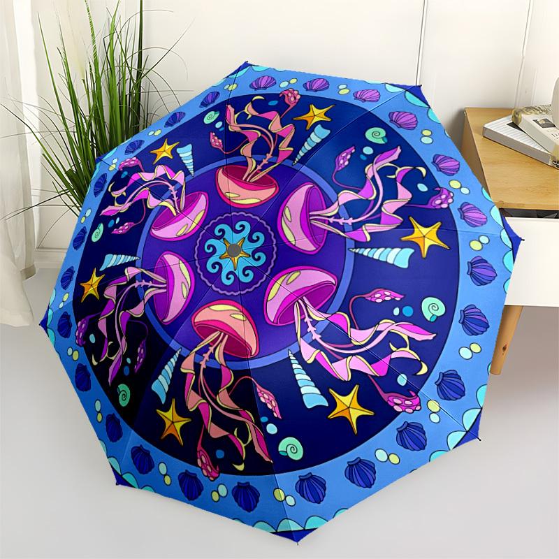 1pc Oceanic Mandala Auto-Fold Umbrella with One-Touch Open/Close - 8 Reinforced Ribs for Windproof Stability yy251118141
