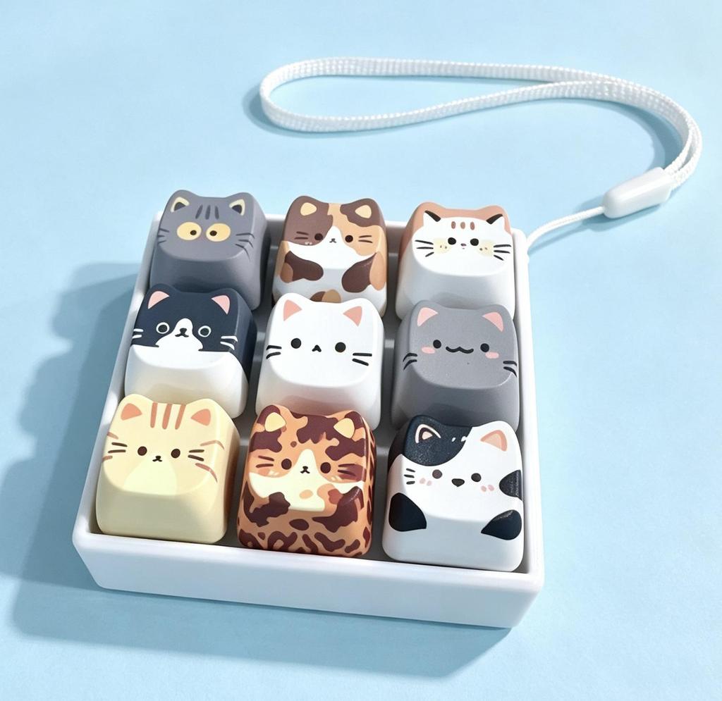 PBT Keycaps Stress Relief Cat Keychain Lanyard Toy