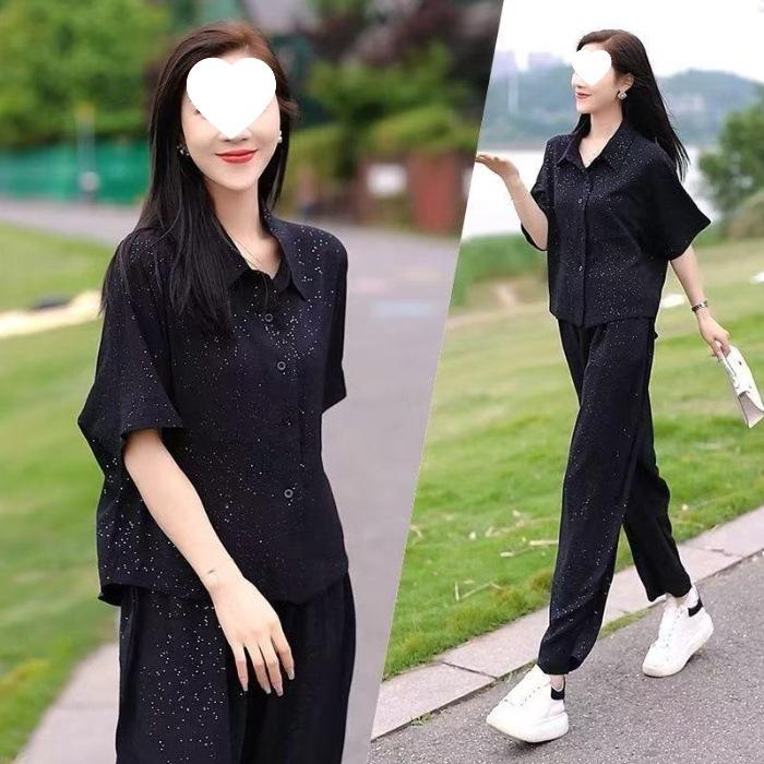 Fashionable Casual Suit for Women Summer Plus Size Women's Small Belly Cover Shirt and Pants Two-piece Set