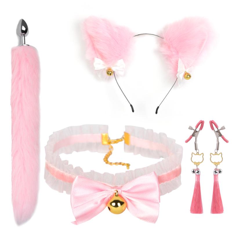 Cat Tail Bell Headband, Anal Plug, Nipple Clamps Flirting Set