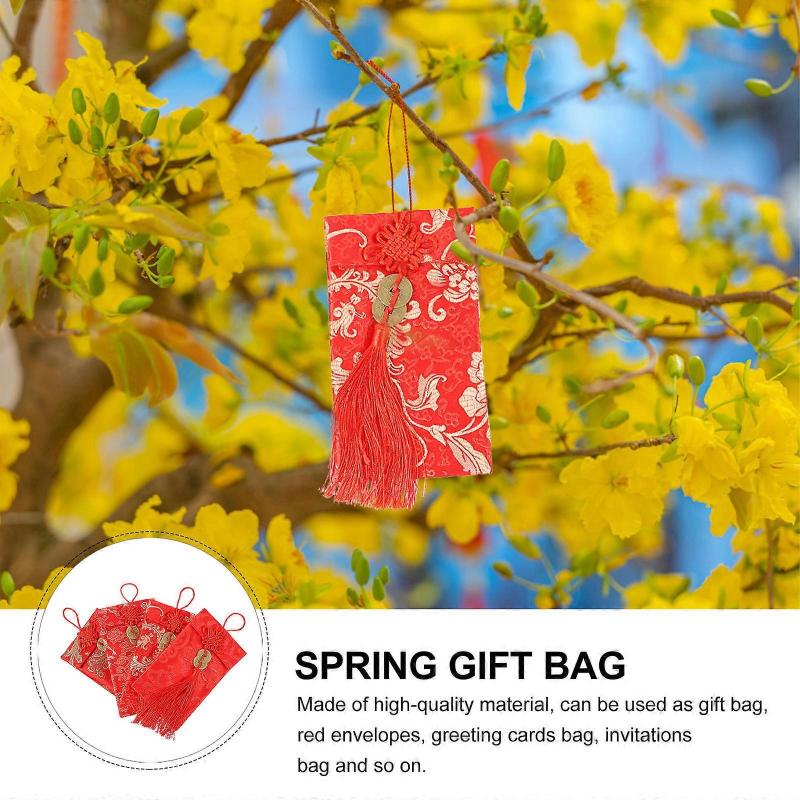 New Year Red Packet Fabric Money Holder Storage Pouch Red Satin for Wedding Festival 4Pcs