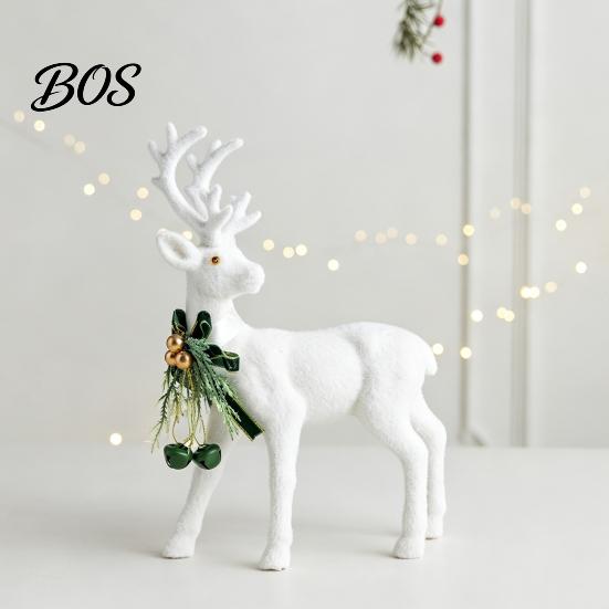Minimalist White Flocked Ornaments Elk Ornament, Ribbon Bell Decor 3D Standing Deer Durable Christmas Party Supplies Figurine, Decorative Accents for