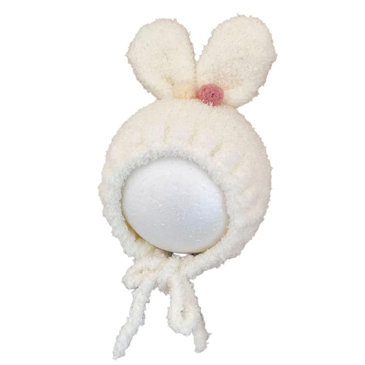 Baby Beanies with Tie Warm Lining Furry Pompoms Rabbit Ears Hat Adjustable Size Plush Hat Lovely Photo Props