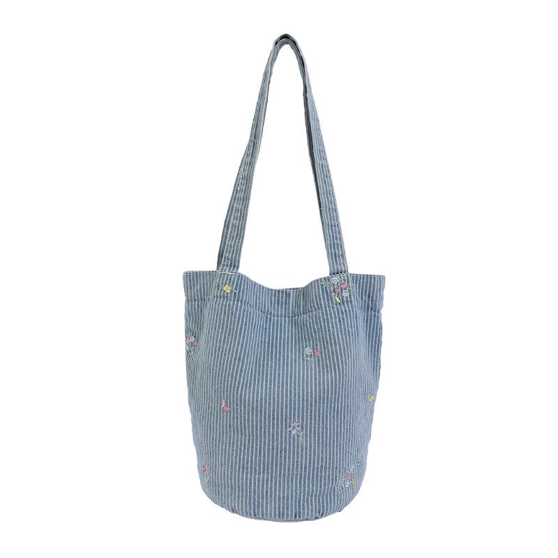 Korean Canvas Embroidered Denim Bucket Bag - Summer 2026 Women's Casual Handbag