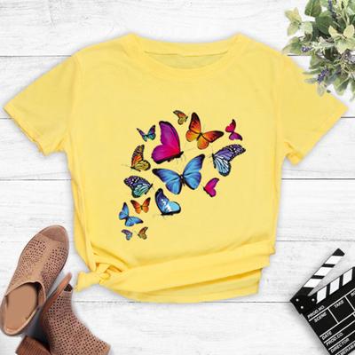 Damen-Top mit Schmetterlingsdruck, farbenfrohes, lebendiges O-Ausschnitt-T-Shirt für den täglichen Gebrauch