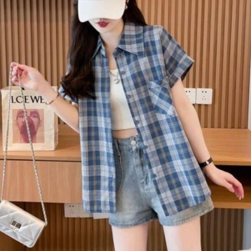 Navava Casual Check Roll Up Short Sleeve Shirt Nb2746