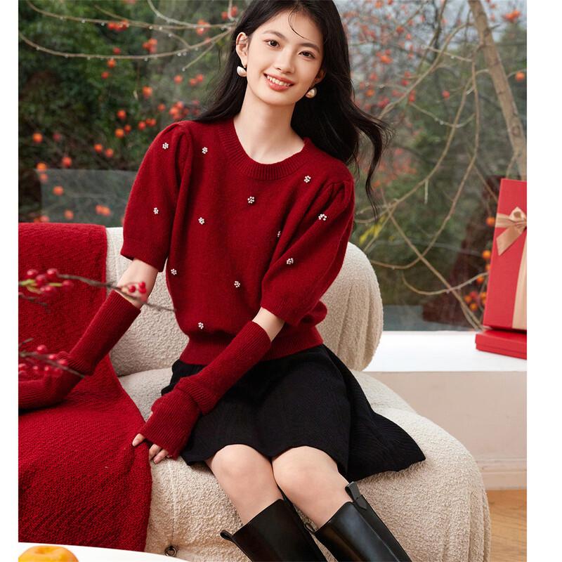 Women's Puff Sleeve Bead Embellished Knit Sweater