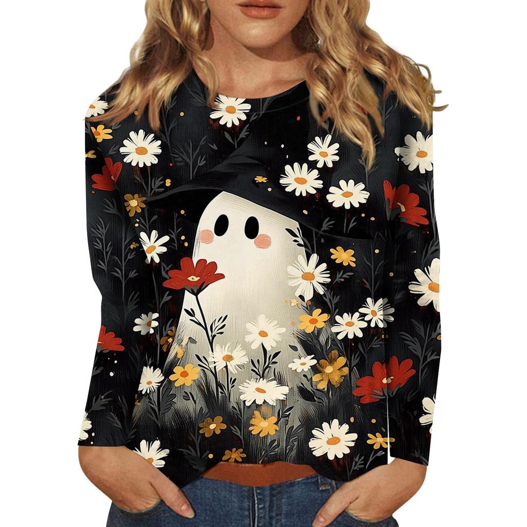 Women's Long-sleeved Loose-necked Halloween Print Casual Top, Suitable for Holiday Parties