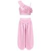 Girls Asymmetrical Shoulder Sequin Crop Top Satin Bloomers Pants Belly Dance Outfit