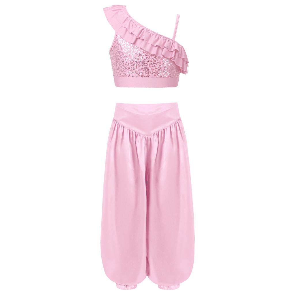 Girls Asymmetrical Shoulder Sequin Crop Top Satin Bloomers Pants Belly Dance Outfit