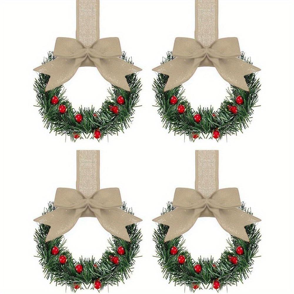 4-piece Christmas Mini Wreath Cabinet Window Hanging Decorations with Red Bow and Fruit, Suitable for Party Home Decoration