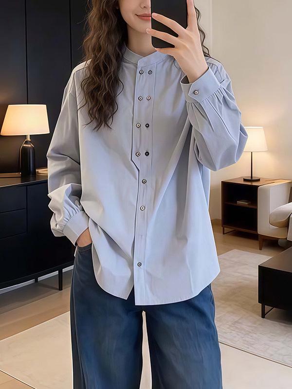 Women's Blue Double-Breasted Long-Sleeve Shirt - Spring/Autumn 2026 New Design, Loose Fit, Slimming Top