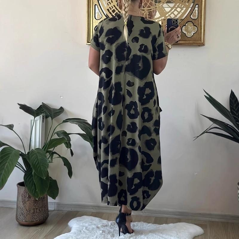 Womens Size Leopard New Plus Pocket Casual Loose Print Short Sleeved Dress