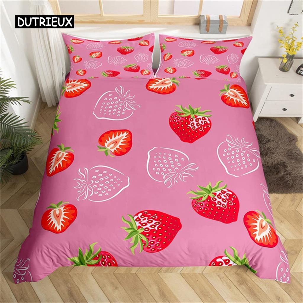 Duvet Cover Lovely Cartoon Strawberry Bedding for Girl Teen  Set Microfiber Blue Star Yellow Floral Quilt Cover Bedroom Decor