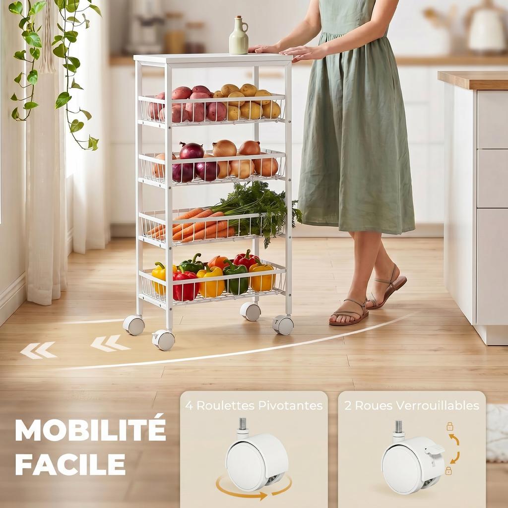 4-tier storage cart, rolling utility cart with removable baskets, metal frame, white