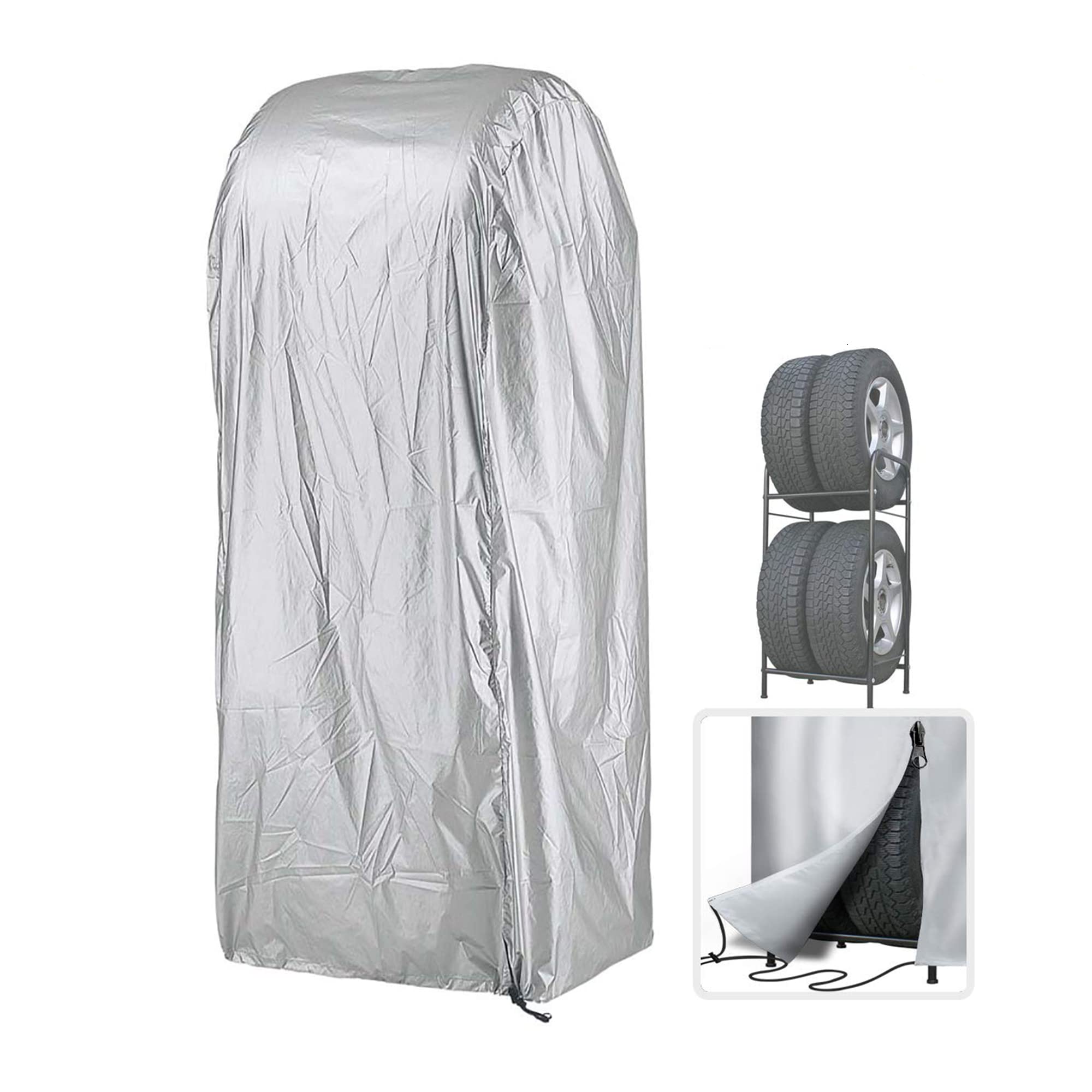 [Mr.You] Tire Rack Cover, Zipper Closure, Extra Thick, Holds 4 Tires, Silver, for Standard Cars (61cm W x 72cm D x 145cm H)