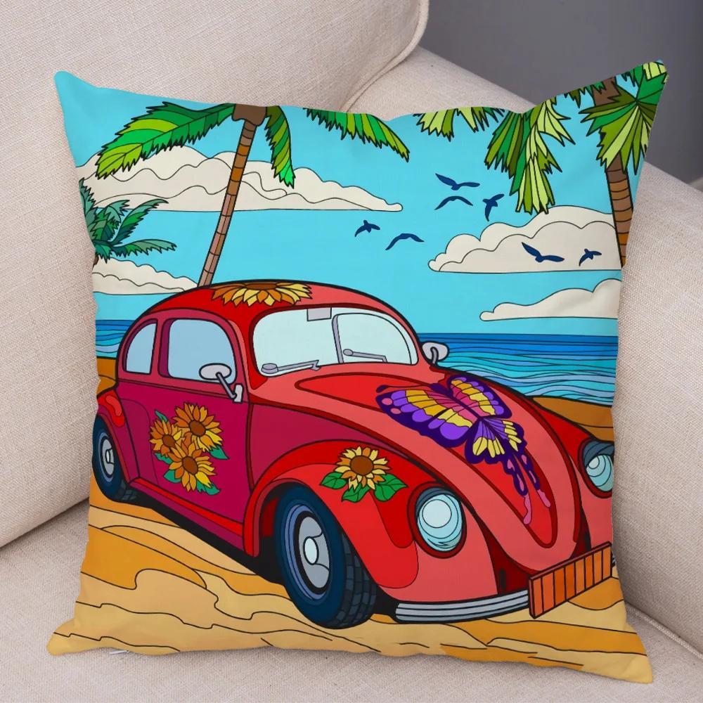 Both Sides Pillow Case Decor Happy Camper Cartoon House Travel Car Cushion Cover for Sofa Home Super Soft Plush Pillowcase