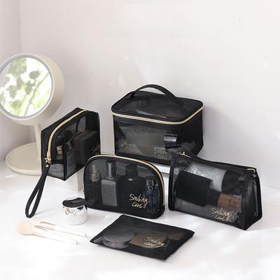 Tragbare Kosmetiktasche aus Netzgewebe mit großer Kapazität, transparentes schwarzes Make-up-Etui aus Nylongewebe, Reise-Aufbewahrungskoffer, Kulturbeutel