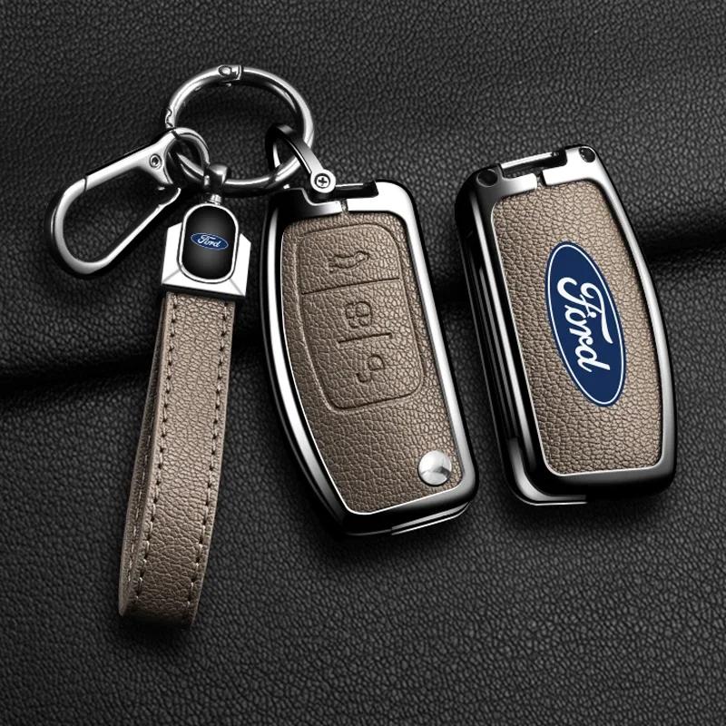 Car Sticker Hot For Ford Zinc Alloy Leather Car 3 Buttons Flip Key Case Cover Smart Remote Shell For Ford Fiesta Focus MK2 Monde