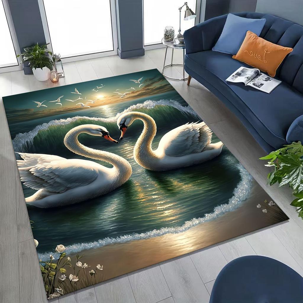 Traum Liebe Schwan Kunst Cartoon Teppich für Schlafzimmer Wohnzimmer Sofa Zuhause Fußmatte Dekor, Große Kinder Spiel Rutschfeste Bodenmatte Geschenk