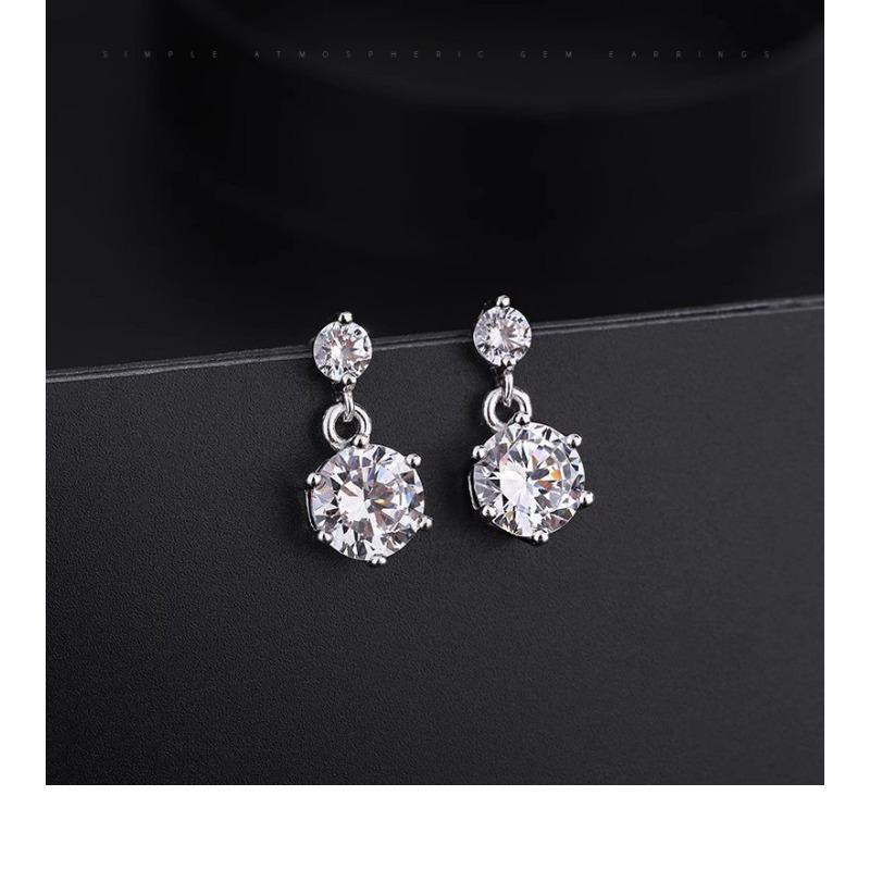 Women Inlaid Shining Zircon Double Zirconia Sterling Silver Pin Geometric Fashion Earrings