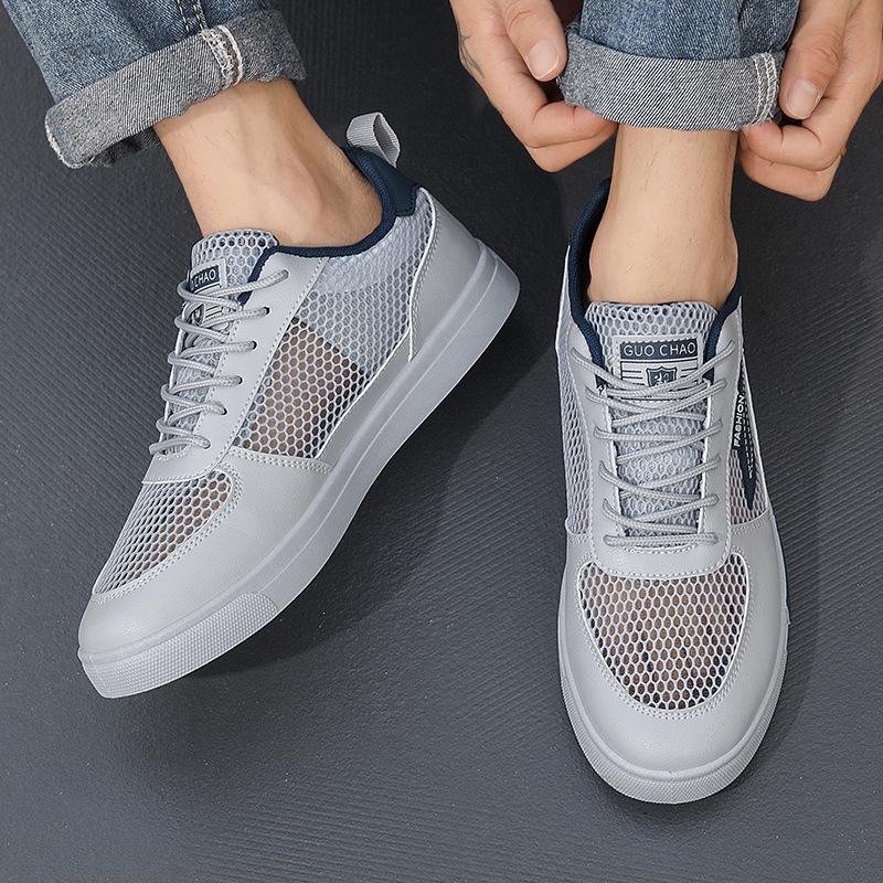 2025 New Men's Shoes Summer Breathable Thin Mesh Hollow Mesh Sports and Leisure Board Shoes Men's White Shoes