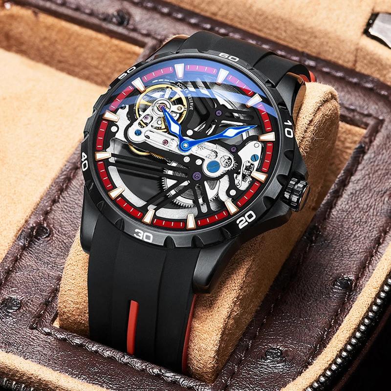 AILANG Luxury Brand Sport Waterproof Automatic Mechanical Watches Luminous Skeleton Stainless Steel Case MOTORCYCLE DESIGN