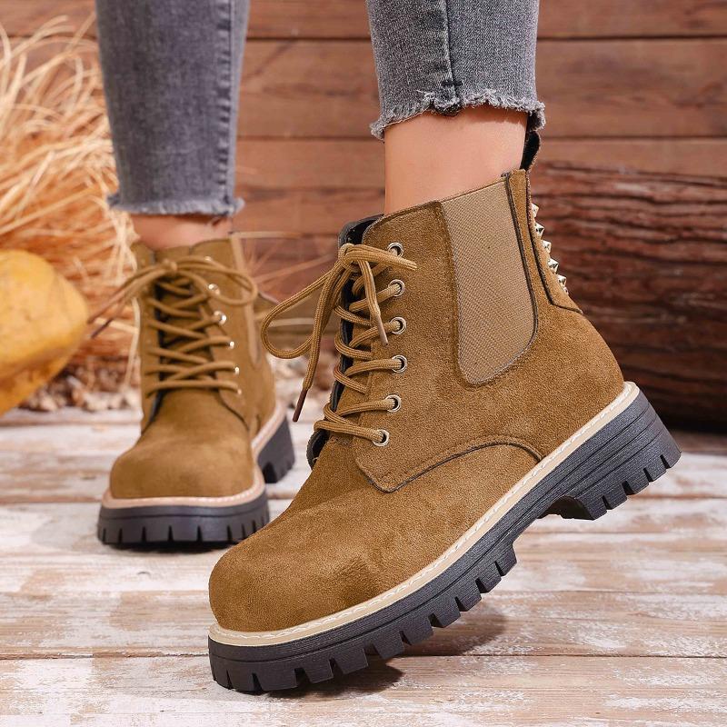 Round Toe Lace-up Muffin Suede Plus Size Booties 2025 Winter Thick Heel British Style Martin Boots for Women