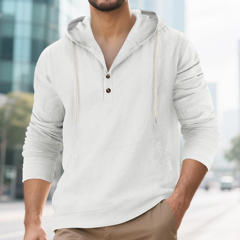 T-shirt casual Henley da uomo a maniche lunghe con cappuccio, vestibilità larga, in lino, per primavera/autunno, con tasche oversize
