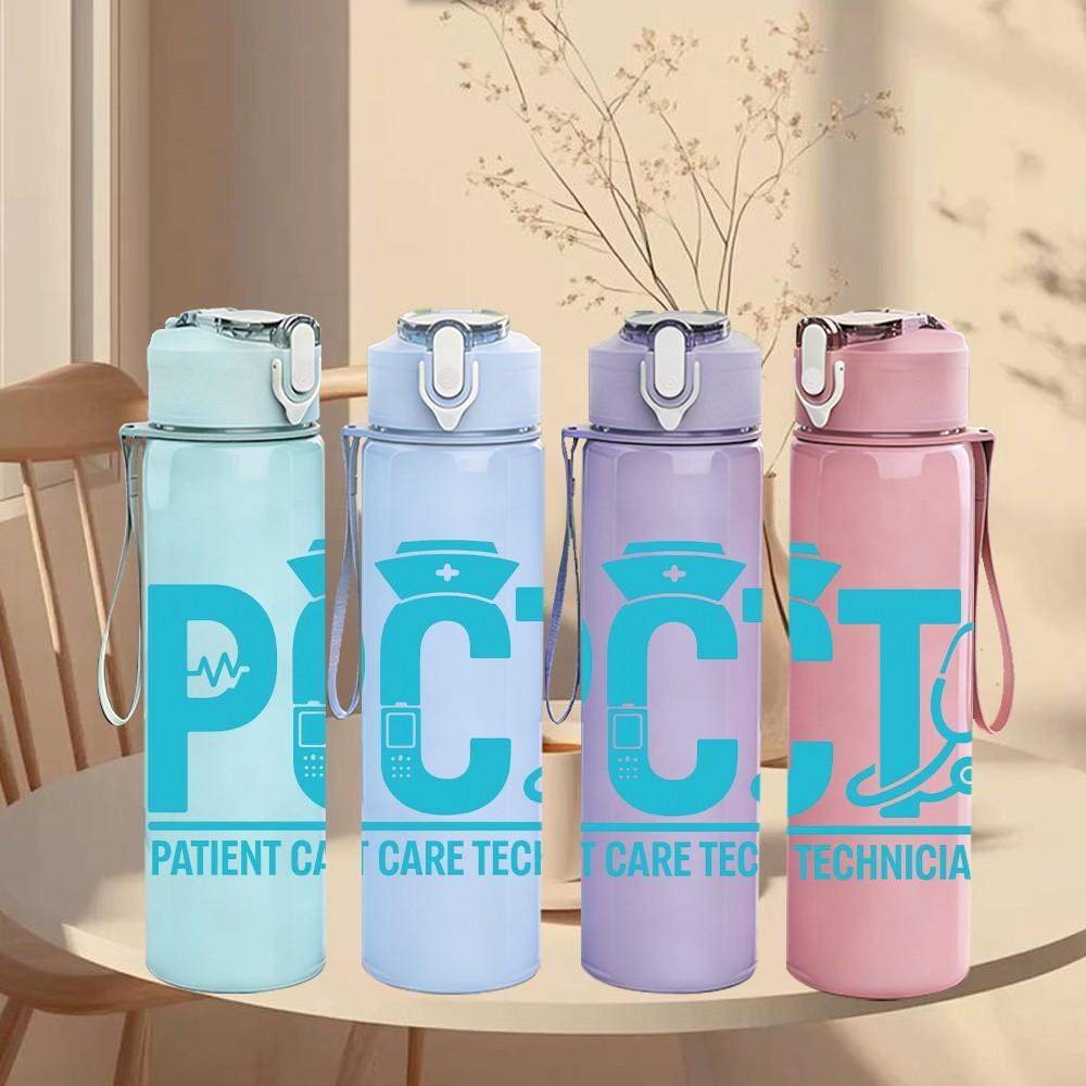 1PC PCT Patient Care Technician Blue 750ml Color Plastic Sports Water Bottle Leakproof Flip Straw Lid Suitable for Sports Office Home Use
