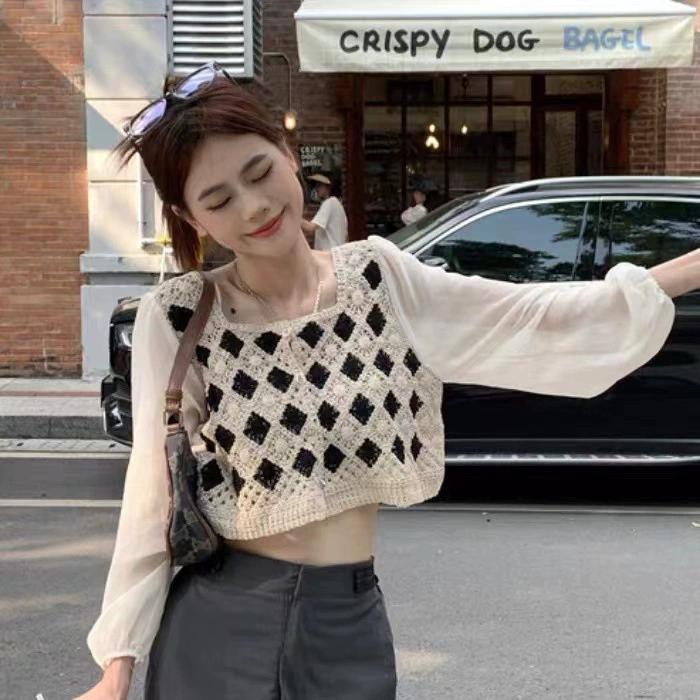 French Hollowed Out Spliced Chiffon Shirt with A Niche Retro Splicing Design, Short Square Collar and Stacked Sleeves, Women's Top