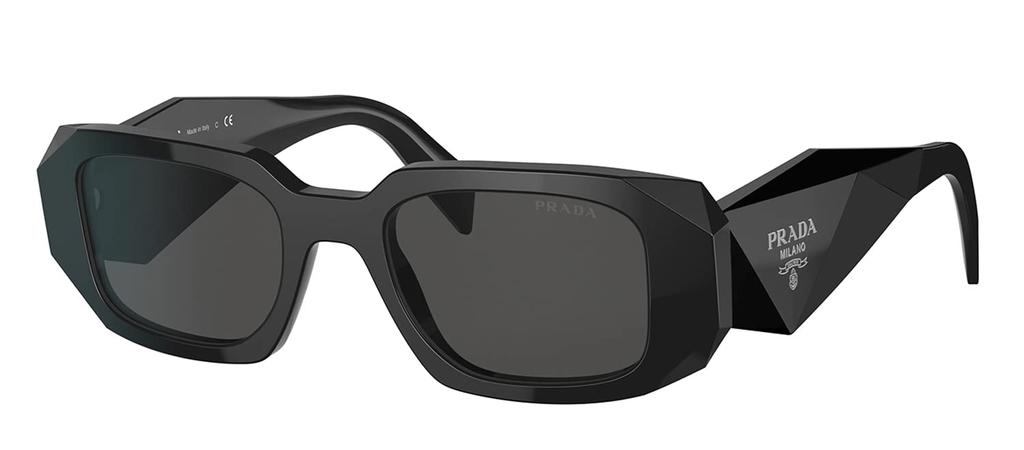 Prada PR 17WSF 1AB5S0 Black Plastic Rectangular Sunglasses Grey Lenses, Black/Silver Logo, 51-20-145