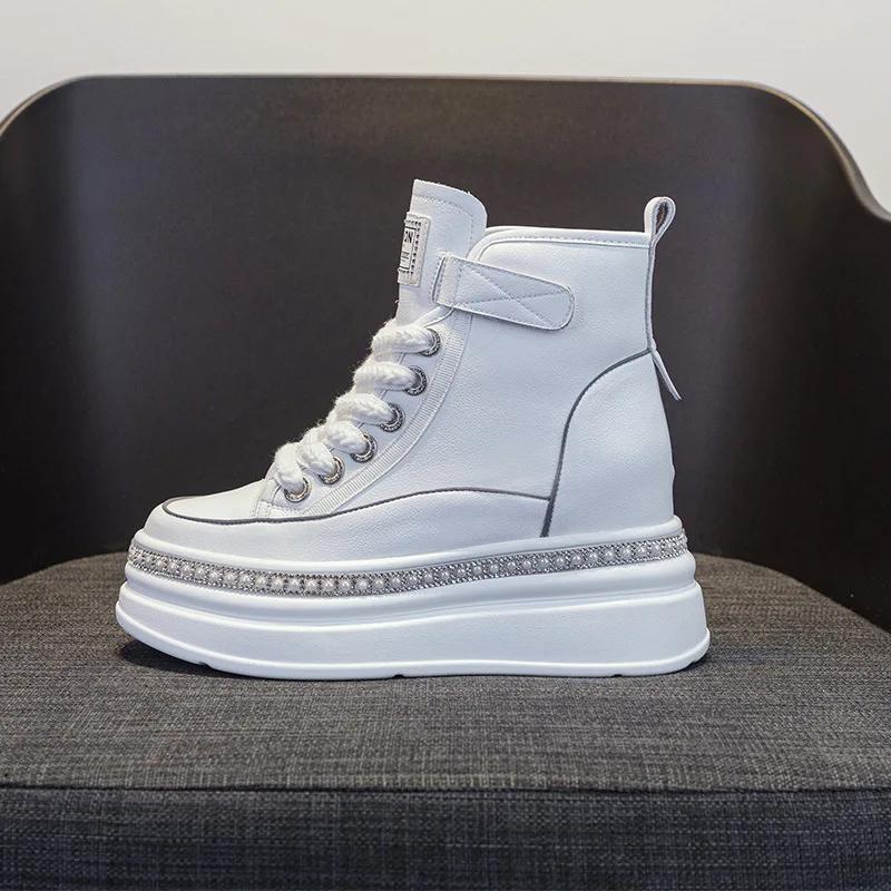 Fashion Women's Leather Shoes Spring and Autumn New Muffin Women Shoes with High Heels and Thick Soles Inside To Increase High Top Shoes