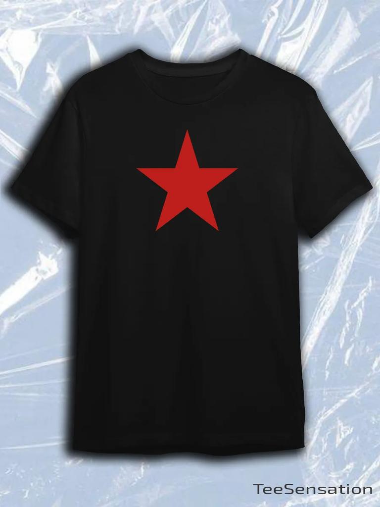 TeeSensation Black Crew Neck Short Sleeve T-Shirt with Large Red Star