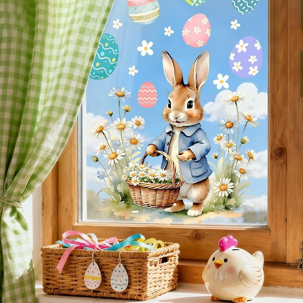 Easter Flower Rabbit Sticker PVC Festival Party Sticker New Wall Stickers  Window Decoration