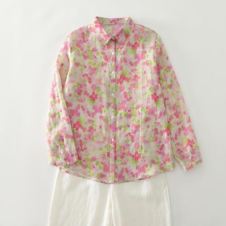 Herbst Neue Große Größen Damen Baumwolle Langarm Freizeit Locker Bluse Floral Print Oberteile Hemden T-Shirts