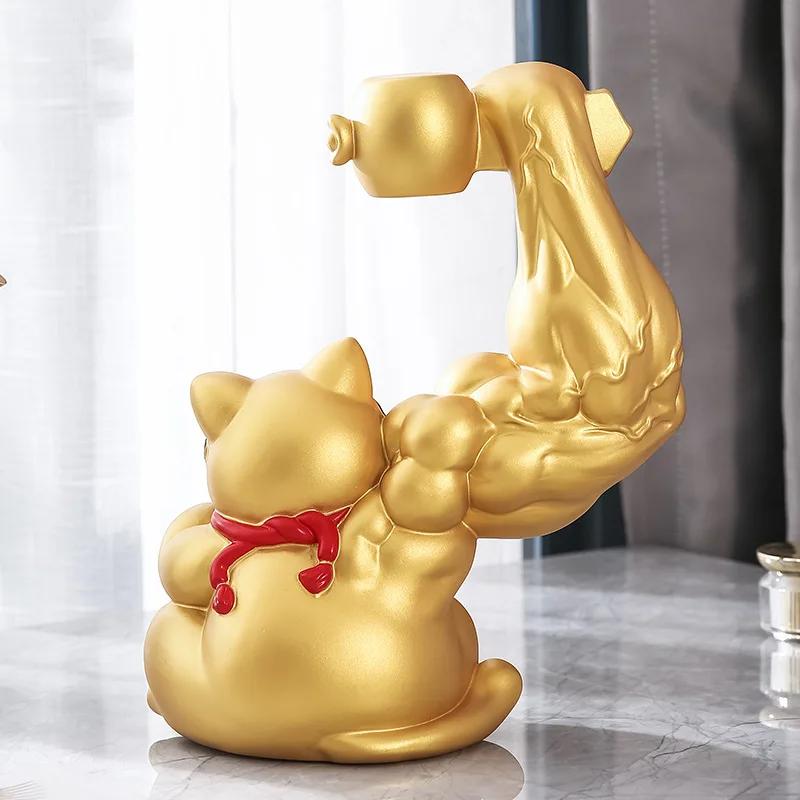 Golden Cat Figurines Muscle Arm Lucky Cat sculpture Ornaments Resin Storage Tray Storage cup holder key holder  Decoration