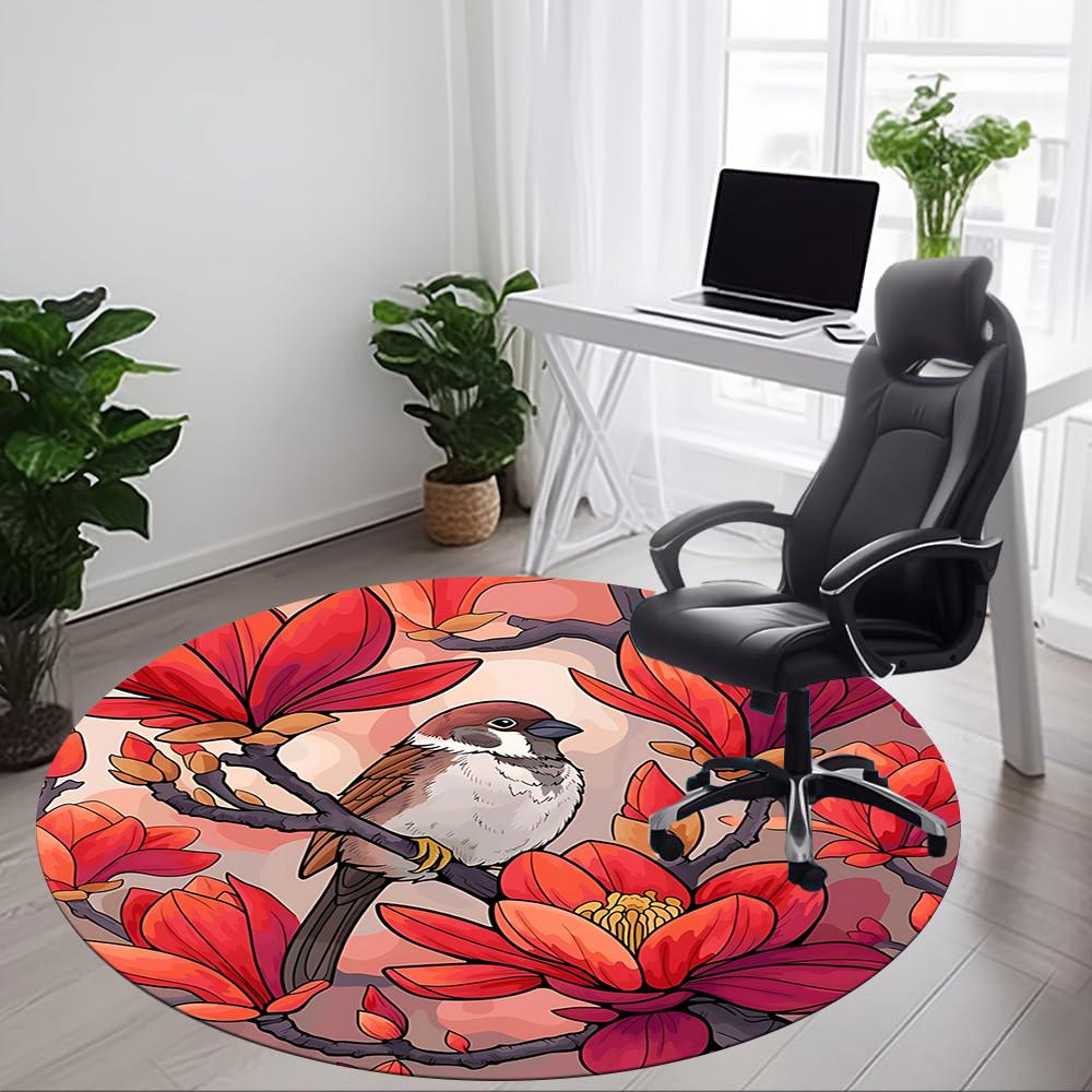 1pc Magnolia Bird Print Carpet for Office Non Slip, Round Carpet, Soft & Comfortable, Carpet for Office, Lightweight Round Floor Mat