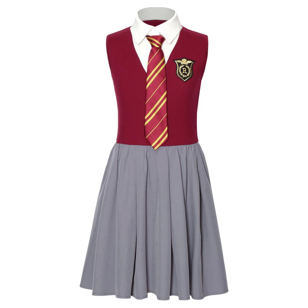 Sleeveless Ruffled Dress with Lapel Collar and Buttons Patch Decor Necktie for Girls Halloween Cosplay Themed Party Costume