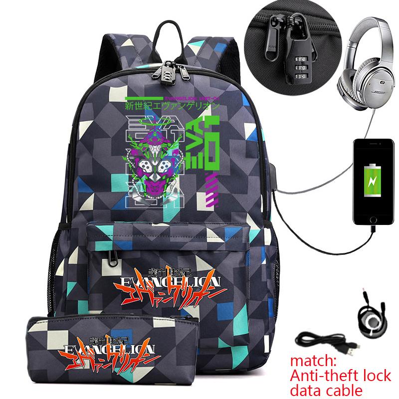 Evangelion Anime Print Student Anti-diefstal Rugzak Casual Dagrugzak met Etui voor Jongens Meisjes Schooltas